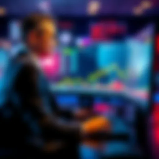 A businessman analyzing stock market graphs on a computer, showing a growing trend.