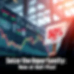 Person reviewing stock market graphs with declining prices and a sign indicating 50% off on purchases.