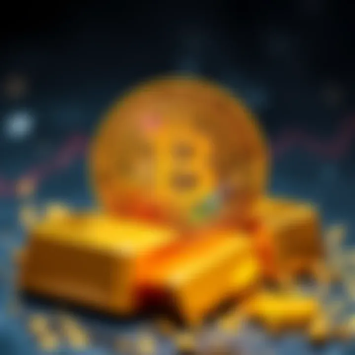 A side-by-side view of a Bitcoin coin and gold bars, representing two investment choices.