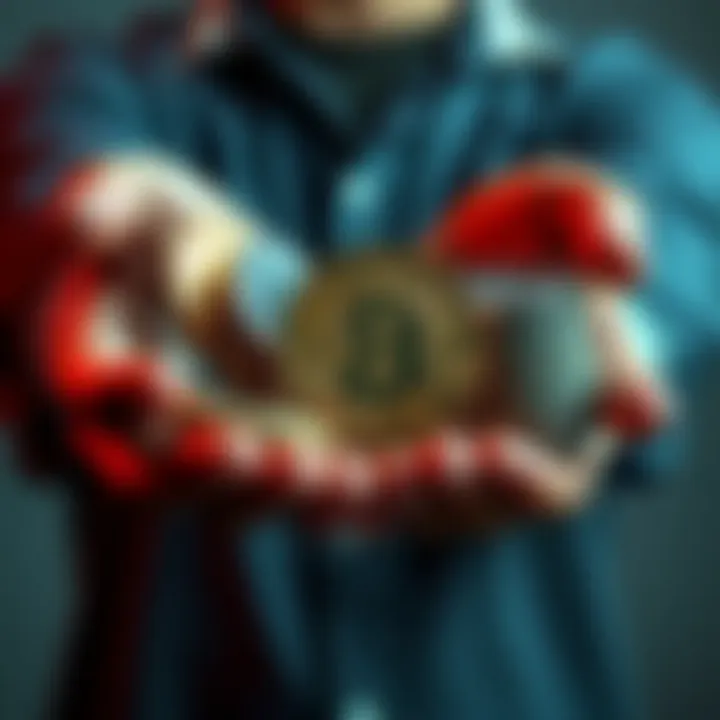 Investment Strategies A split image showing a person holding multiple cryptocurrency coins on one side and a single large coin on the other side, representing diversification versus focusing on one coin.