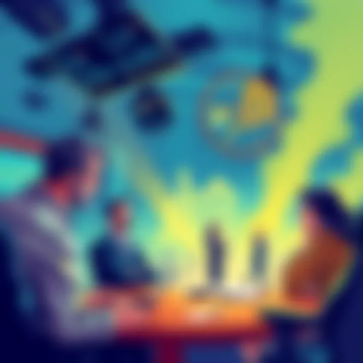 Investment Strategies After Crypto Illustration of people discussing investment options like stocks and real estate after leaving cryptocurrency.