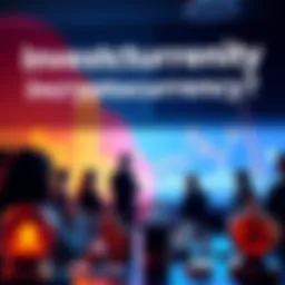 A group of people discussing cryptocurrency investments, with charts and graphs in the background