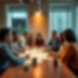 A group of diverse people discussing investment strategies around a table with charts and graphs