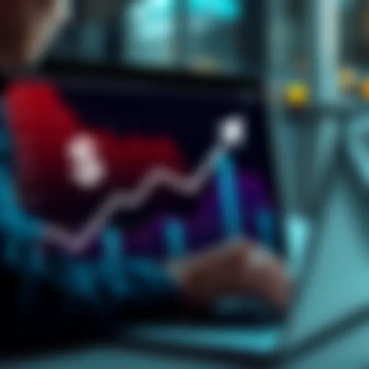 A graph showing steady growth in investments with a dollar sign and arrows indicating upward trends. A person is shown analyzing the data on a laptop.