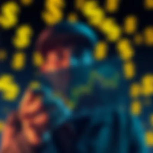 A person looking worried while holding a cryptocurrency chart showing a downward trend, with dollar signs in the background representing lost profits.