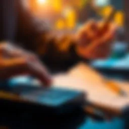 Close-up of hands calculating investment returns on a calculator and writing notes, representing investment strategy and planning.