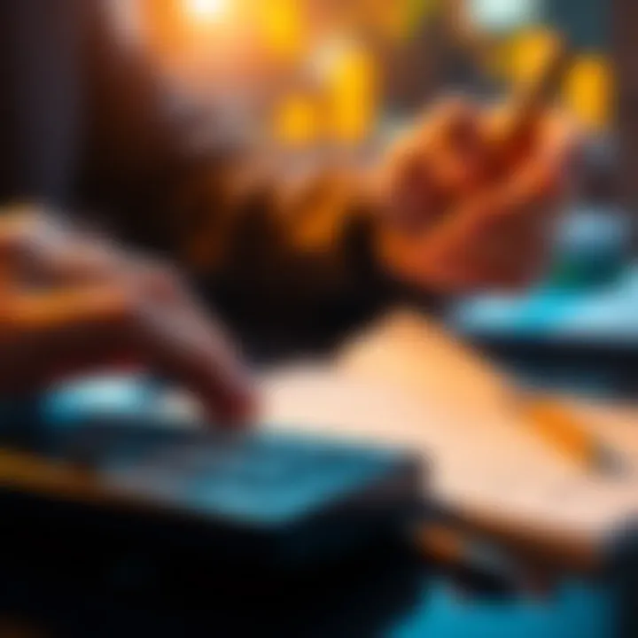 Close-up of hands calculating investment returns on a calculator and writing notes, representing investment strategy and planning.