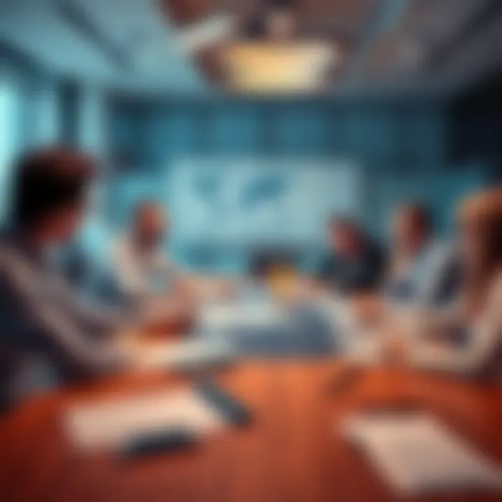 A group of financial experts discussing investment strategies at a conference table with graphs and charts in view.