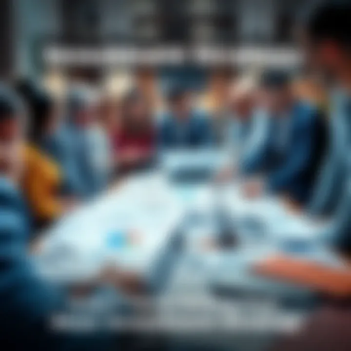 A group of diverse investors discussing strategies over a table filled with financial documents, charts, and laptops.