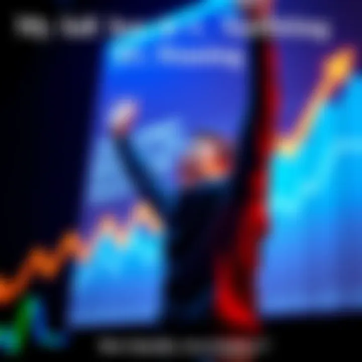 A person joyfully celebrating reaching a significant investment milestone, with a graph showing upward growth in the background.