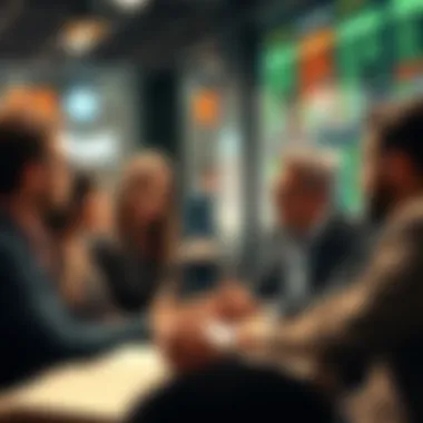 Group of people discussing investment strategies with mixed emotions, showing tension between holding and selling their stocks