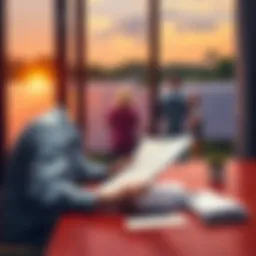 A person reviewing investment documents at a table with a solar array visible outside the window and family members supporting in the background.
