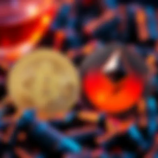 Visual representation of Bitcoin and Ethereum symbols with dollar signs, showcasing the contrast in investment strategies.
