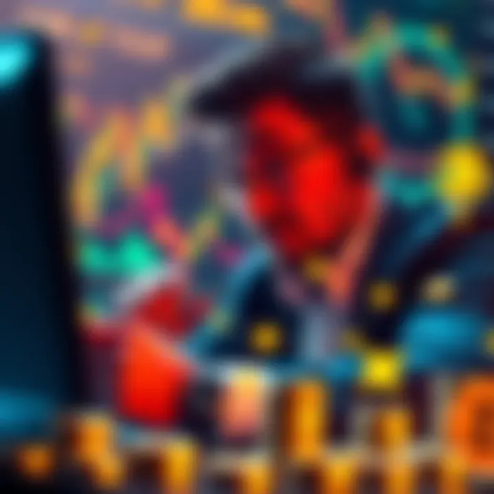 An investor analyzing altcoin trends with charts and tokens around them, signaling excitement in the market.