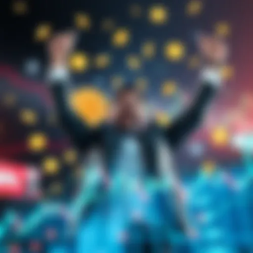 An excited investor raises their arms in celebration, surrounded by Litecoin symbols and stock market graphs showing positive trends.