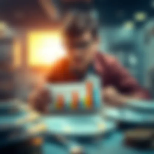 A focused investor looking at a chart showing rising prices, surrounded by empty plates representing sacrifices made for DOT investment.