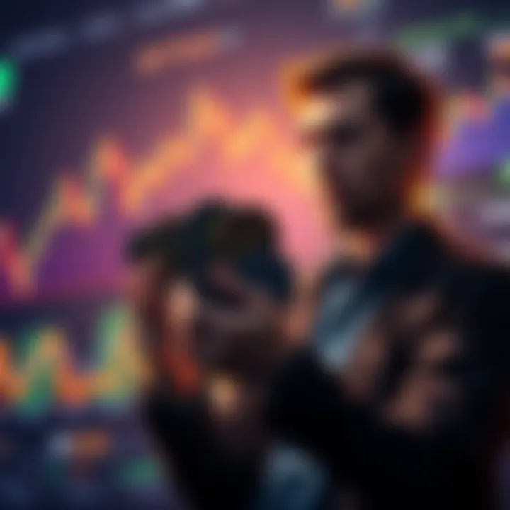 Investor holding altcoins during market dip A concerned investor patiently holding altcoins, looking at charts showing a downward trend, symbolizing hope during a market downturn.
