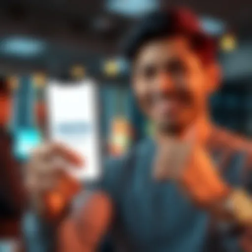 A person smiling while holding a smartphone showing the Jasmy logo and a £10,000 investment graphic