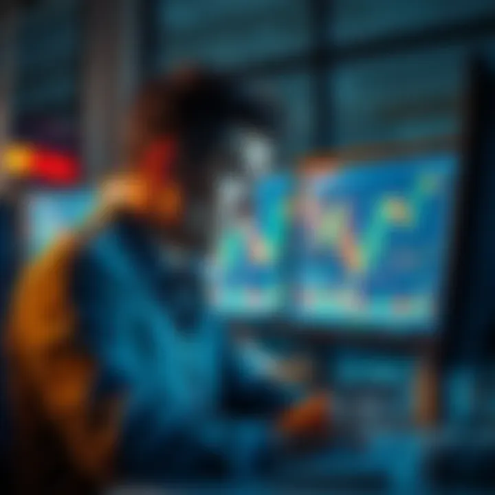 A worried investor looking at stock charts on a computer screen with market highs in the background