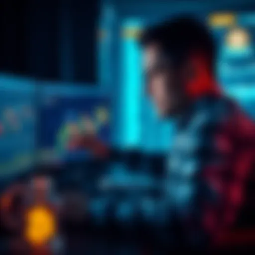 An investor looking at a computer screen with charts and crypto symbols, planning to lock funds in Flare and XRP until 2030