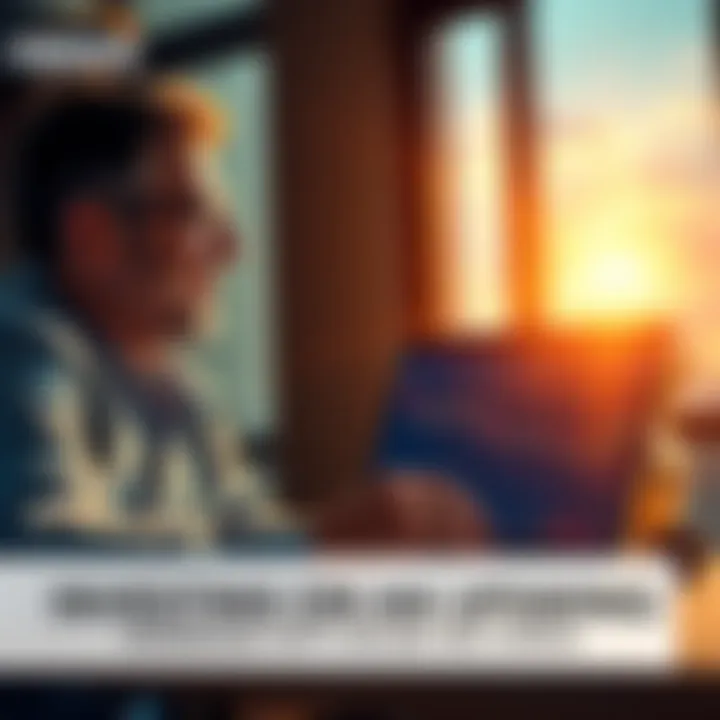 An investor smiles while reviewing a rising stock portfolio on a laptop, with a bright sunrise in the background symbolizing hope and optimism.