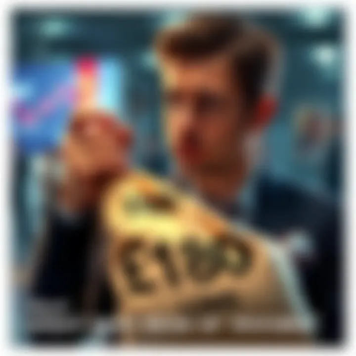 An investor looks concerned while holding a bag, symbolizing a financial loss of £1800. They are pondering their next move in the market.