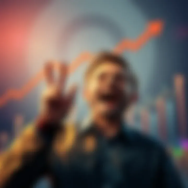 An investor excited after buying 0.01 BTC during a price dip, aiming for a target of 0.21 BTC. Visual of a Bitcoin symbol with upward arrows indicating growth.