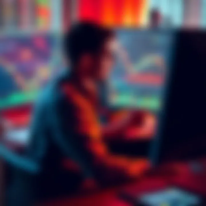 An investor sitting at a desk, looking at financial charts on a computer screen, contemplating whether to sell or hold investments in a challenging market.