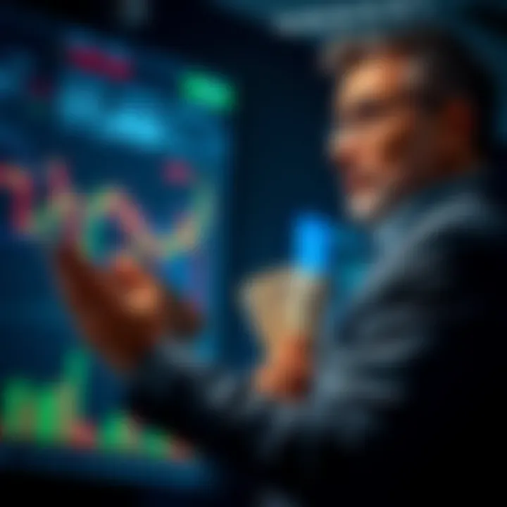 An investor holding cash and looking at a stock chart, contemplating adding more funds to a losing position
