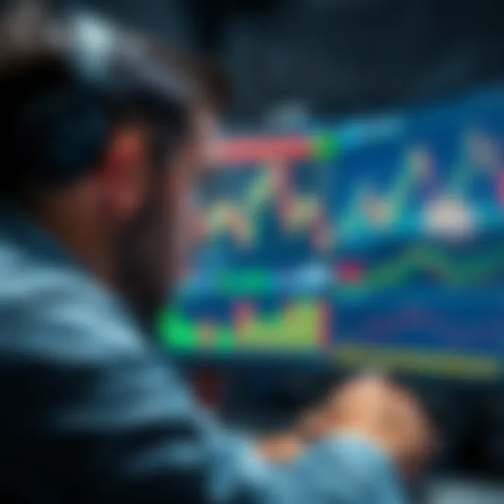 A person looking at charts and graphs on a computer screen showing CRO and BTC prices, contemplating a trading decision