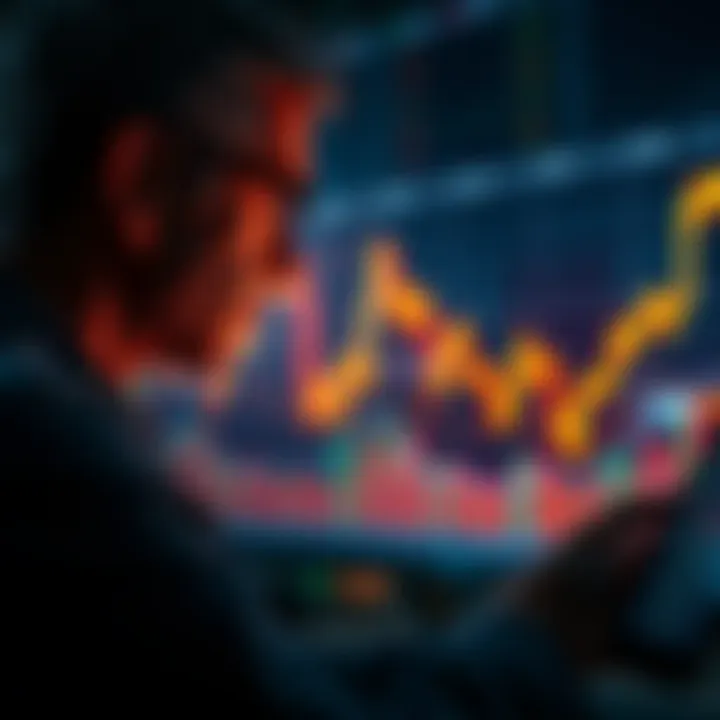 An investor looking at a stock market chart showing a downward trend, considering buying opportunities during a price dip.