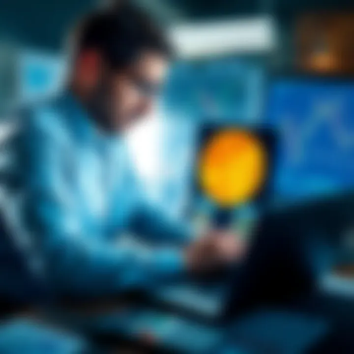 A worried investor examines Bitcoin price charts on a laptop, surrounded by market analysis papers and a calculator.