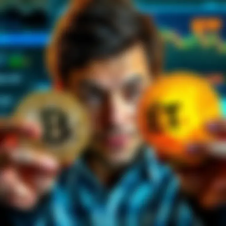 Investor weighing Bitcoin and ETFs An investor looking at two options: Bitcoin on one side and ETFs on the other, considering their investment choices.
