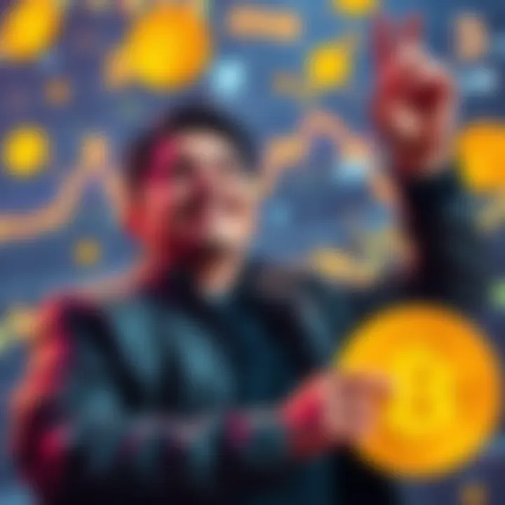 Investor fully invested in Bitcoin An investor celebrates their decision to go all in on Bitcoin, leaving behind traditional stocks, with Bitcoin graphics in the background.