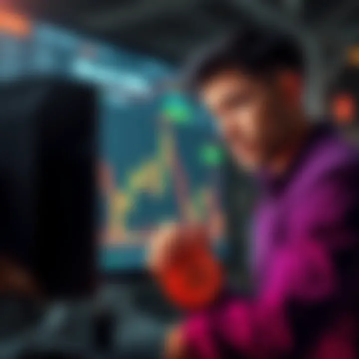 Investor worried about Bitcoin losses A concerned investor looking at a declining Bitcoin chart on a screen, showing a significant drop in prices, reflecting anxiety about financial losses.