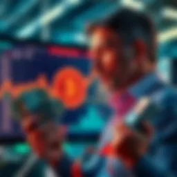 An investor looks at a digital screen displaying Bitcoin prices while holding euros, contemplating a trade.