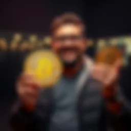 A seasoned investor holds a Bitcoin symbol with a confident smile, showcasing their recent purchase amidst a positive outlook on cryptocurrency growth.