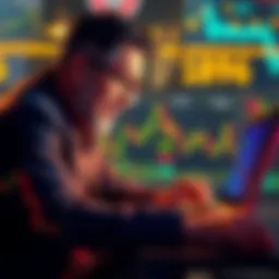 Investor Considering Bitcoin Sale A concerned investor looking at a Bitcoin chart on his laptop, reflecting on market fluctuations and potential sale plans.