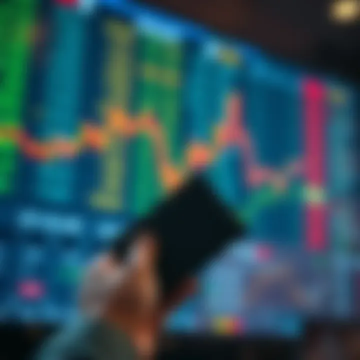 A person holding a wallet while looking at falling stock prices on a screen, deciding to buy assets at lower costs.