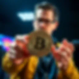 An investor holds a Bitcoin, showcasing a recent $50K purchase while looking concerned about market changes.