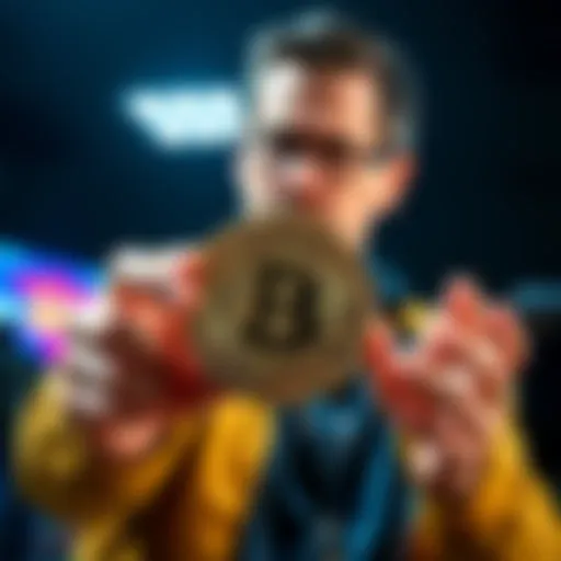 An investor holds a Bitcoin, showcasing a recent $50K purchase while looking concerned about market changes.