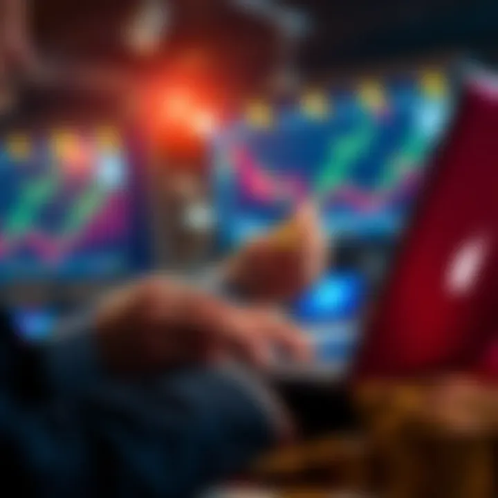 A person examining coins while monitoring market trends on a laptop, illustrating the importance of timing in coin investments.