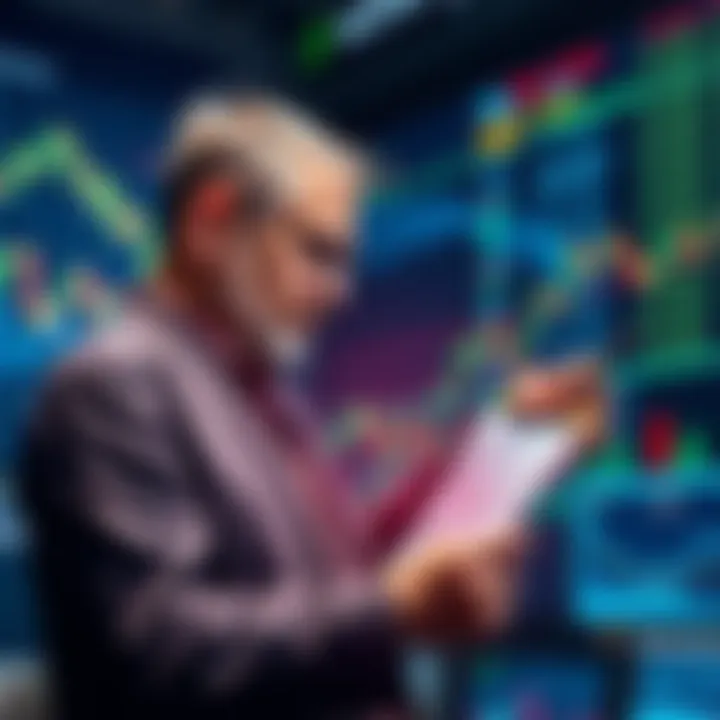 An investor examining stock market graphs and planning to buy at lower prices