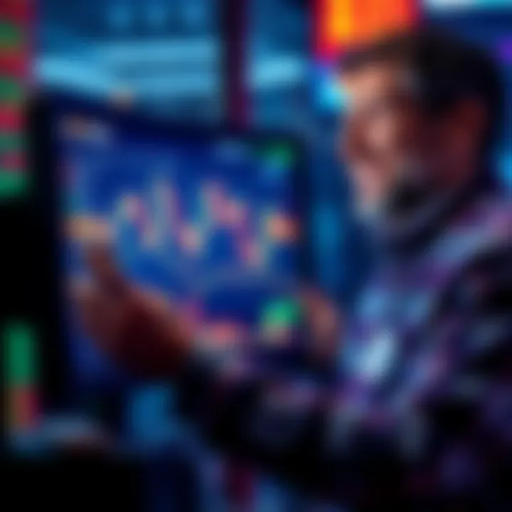 Investor Buying Tokens An investor making a purchase of tokens during a market dip, showing digital tokens on a screen and a happy expression