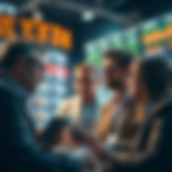 A group of investors discussing market strategies, looking concerned and cautious about potential stock movements.