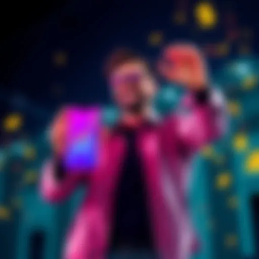 A happy investor holding a smartphone displaying a rising graph and dollar signs, celebrating a $23,700 profit from token investments.