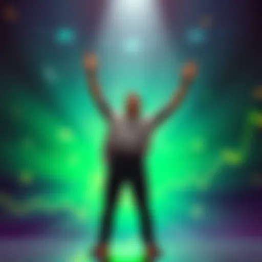 An investor stands joyfully with arms raised, symbolizing confidence in CRO's bright future and upcoming bull run.
