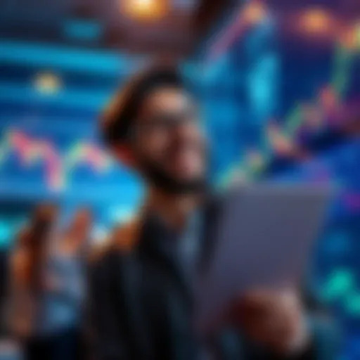 A joyful investor smiles while reviewing uptrends on their financial charts, showing growing investments and renewed hope.