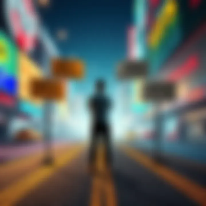 A person standing at a crossroads with signs for buying gold, holding investments, and selling at a loss. The background shows a bustling market scene.