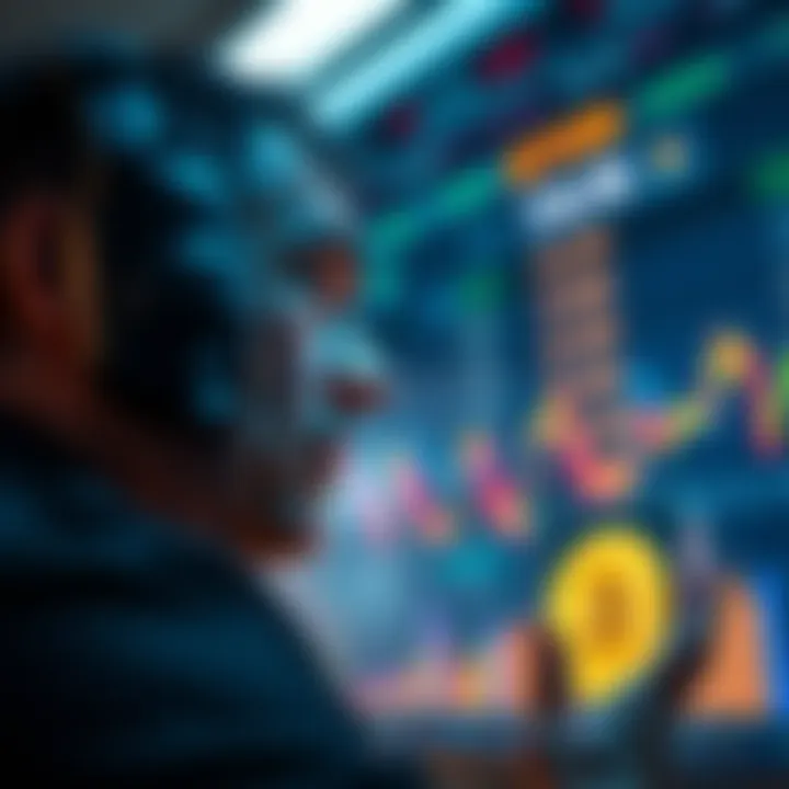 An investor looks worried while checking Bitcoin prices on a digital screen, reflecting anxiety about potential losses.